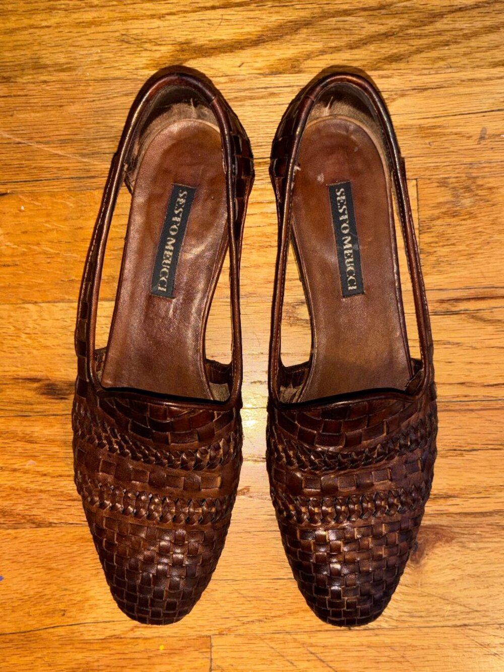 Sesto Meucci Women's 6.5 Brown Loafer Woven Leather Shoes Comfort Block Heel